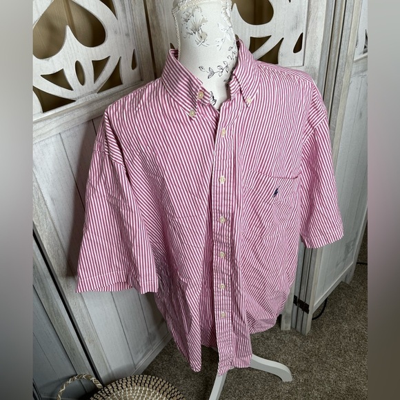 Ralph Lauren Button-Up Big Shirt Men's Size Large White Pink S/S Striped - Picture 1 of 5